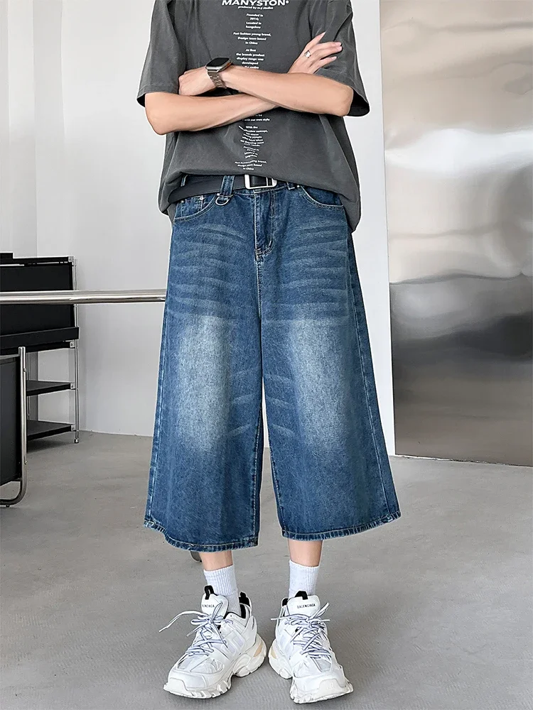 

Men Washed Retro Blue Jeans Shorts High Waisted Wide Leg Pants Baggy Denim Shorts Straight Loose Casual Cropped Trousers Women