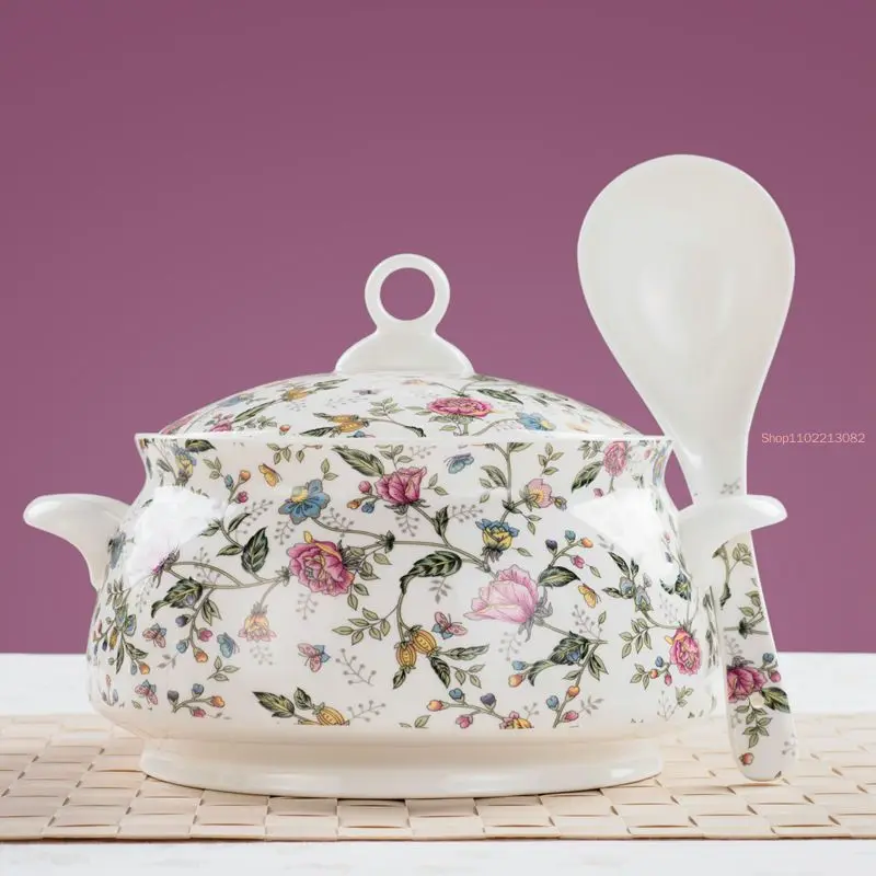 9 Inch, Bone China Tureen for Food Storage, Classice Dinner Serving Bowl, Porcelain Box Tureen, Large Bowl Soup Ceramic