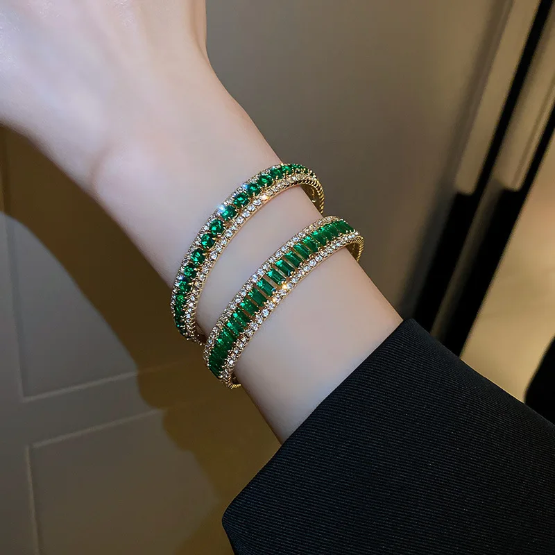 Green Rhinestone Bracelet Women's Fashion Sparkly Hyperbole Crystal Opening Bracelets & Bangles Wristband Jewelry Gifts