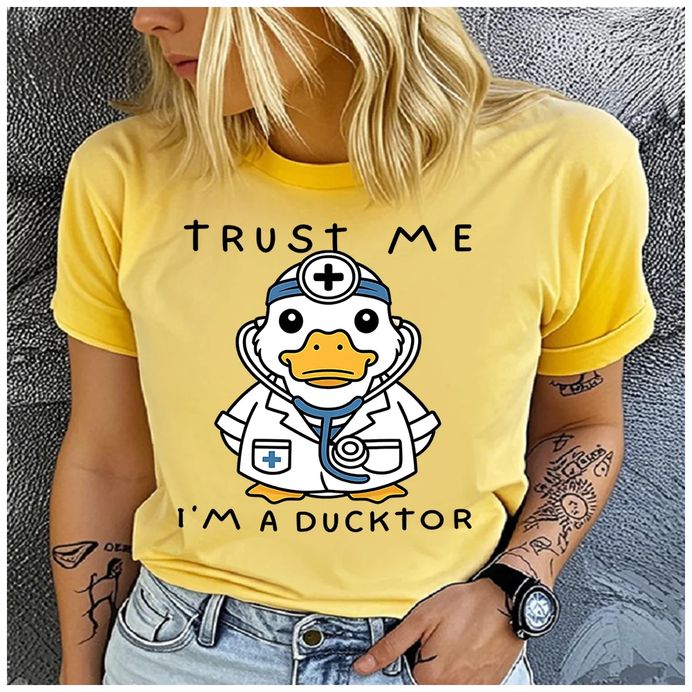 100% Cotton Women Cute Doctor Duck Pun Quote Print T Shirt Round Neck Short Sleeve Casual Summer Ladies Graphic Tees