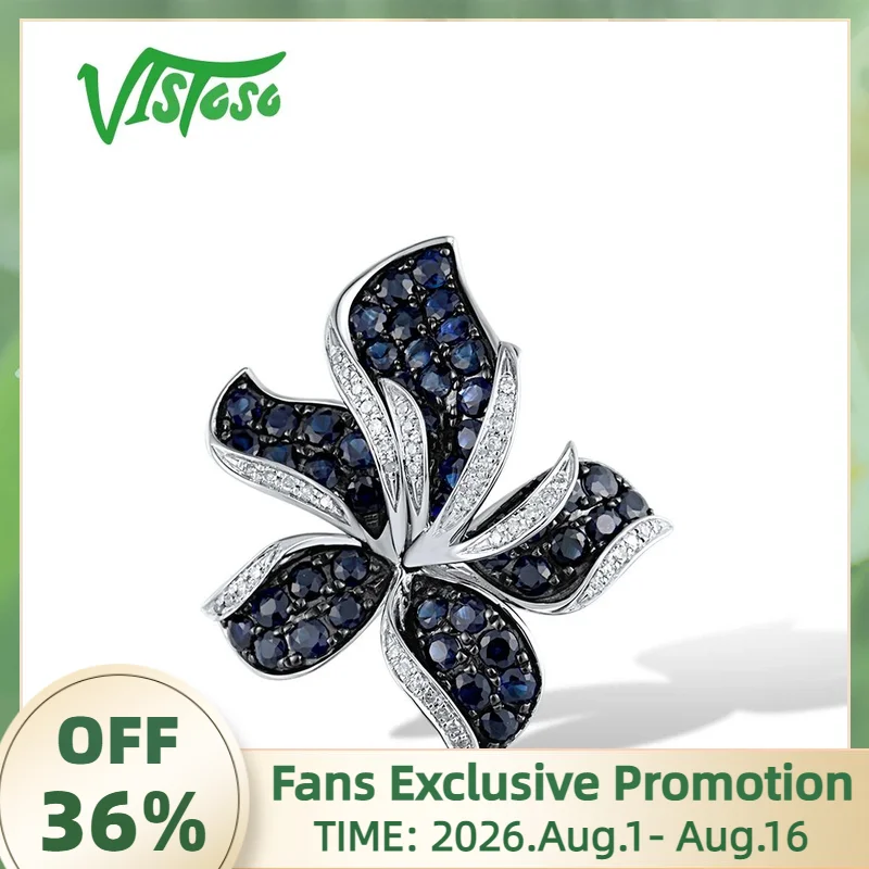 VISTOSO Authentic 14K 585 White Gold Pendant For Women Sparkling Diamond Blue Sapphire Lily Flower Elegant Gift Fine Jewelry Set