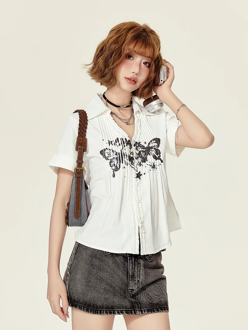 

Girlyhalo American Retro Print Short Sleeve Shirt Women Summer New Style Wood Grain Ruffle V-neck Short Slimming Blouse