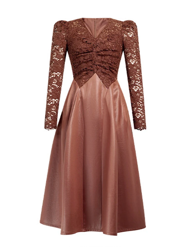 Prom Party Elegante Frauen Retro Braun Spitze Splic V-ausschnitt Falten A-Line Midi Kleid Formale Süße Dating Dame Robe Vestidos Casual Neue