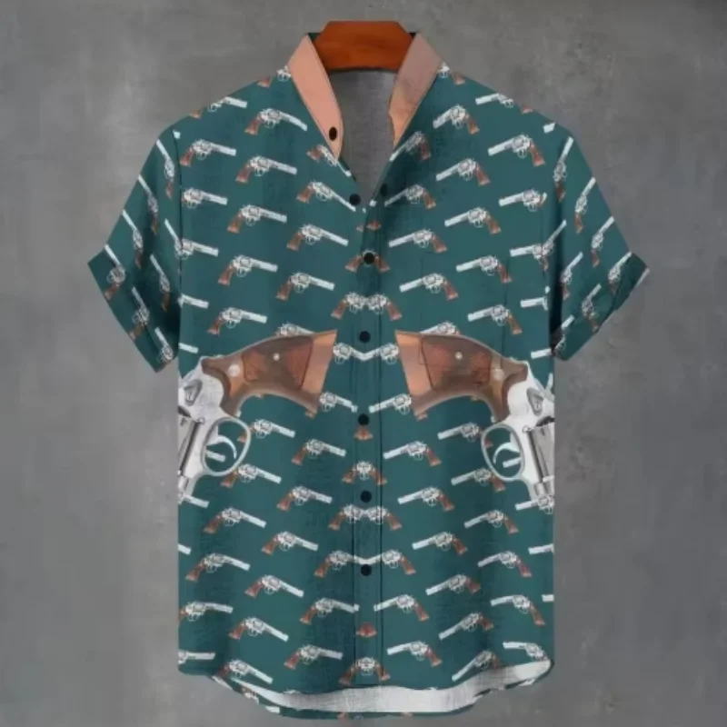 Kemeja Kancing Sebaris Kerah Berdiri Lengan Pendek Linen Kasual Musim Panas Pria Baru 2025 Atasan Cetak Nyaman dan Modis