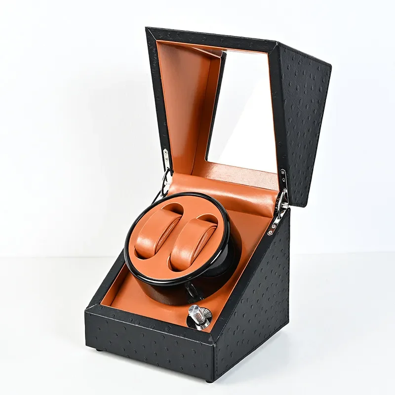 Automatic Watch Winder Box with LED Light Ostrich Pattern Design Mechanical Watch Shaker for Home Use Double Position Storage