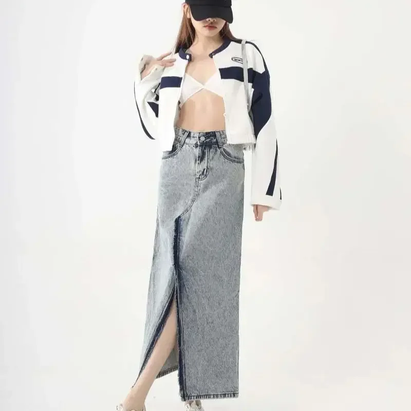 

Новая модная джинсовая юбка с разрезом, женская повседневная свободная юбка с высокой талией, длинные юбки с нерегулярными карманами, винтажная уличная одежда Jupe