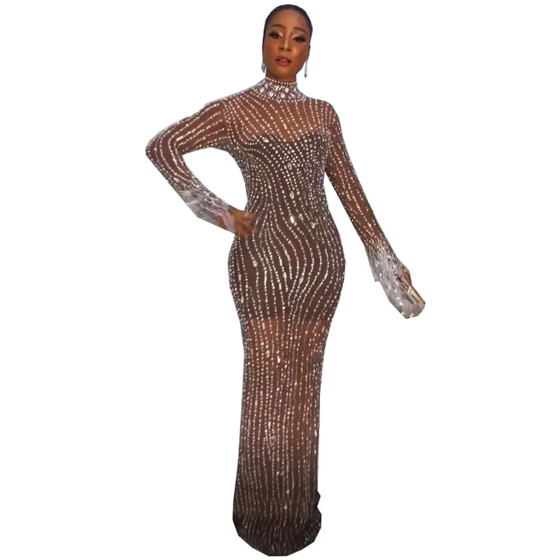 

Spring Fashion Dashiki African Dresses for Women Long Sleeve O-neck Mesh Polyester Diamond Long Maxi Dress Africa Clothing