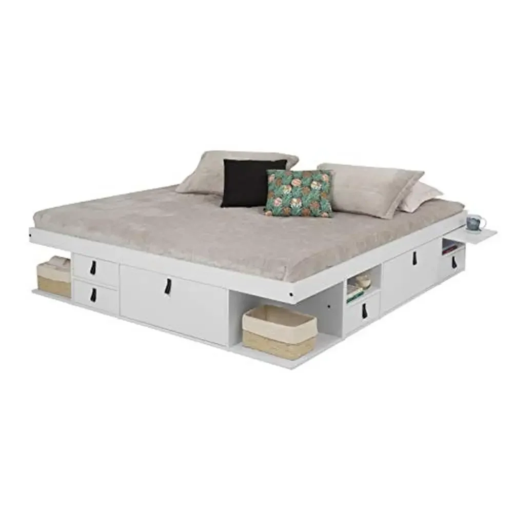 Modern King Size Off White Wood Platform Bed with 6 Drawers and 4 Shelves 880lb Capacity