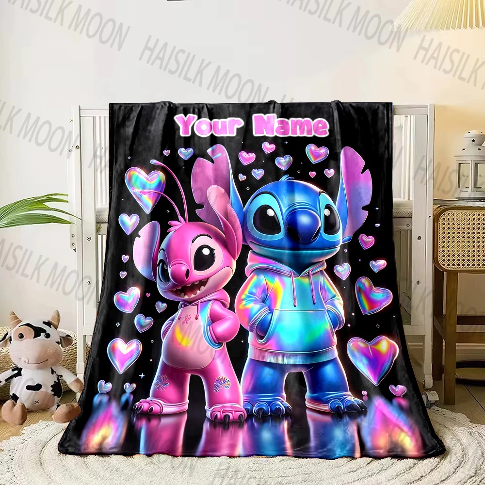 ディズニーステッチのプリントブランケット,6サイズ,名前でカスタマイズ可能,柔らかくて暖かい,家庭,オフィス,キャンプ,車に適しています