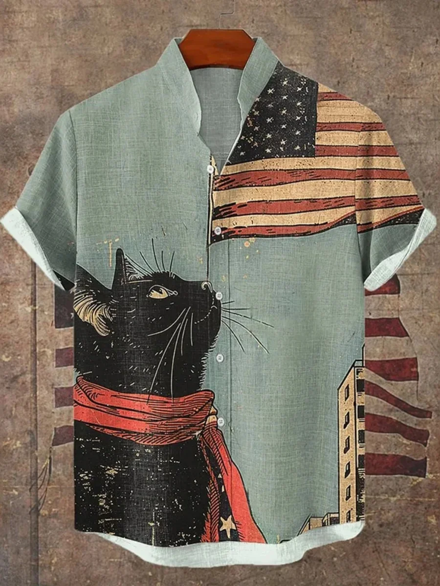 2025 신상 린넨 편안한 원단 캐주얼 스타일 레트로 패턴 프린트 남성 반팔 셔츠 캐주얼 버튼 탑