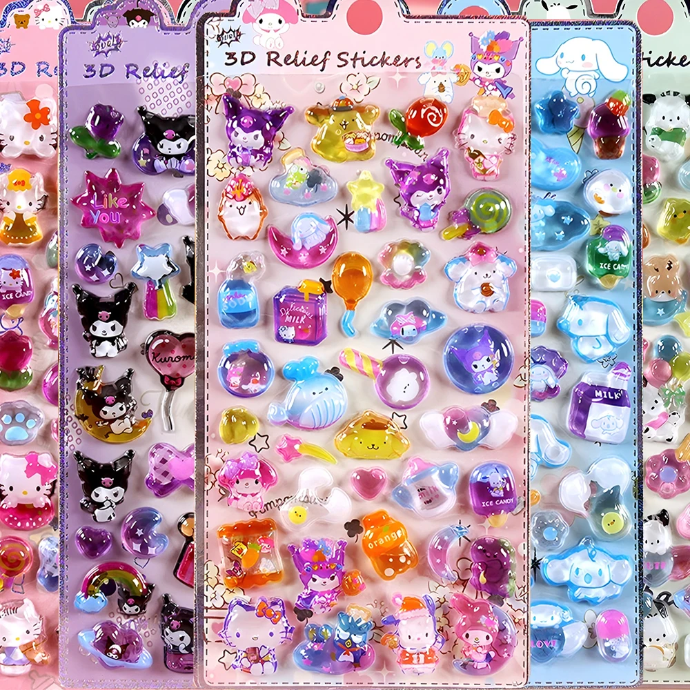 Lindo Sanrio Kuromi My Melody pegatinas en relieve 3D chicas Kawaii pegatina de cristal de dibujos animados hecho a mano Diy calcomanías de cuenta de mano regalos