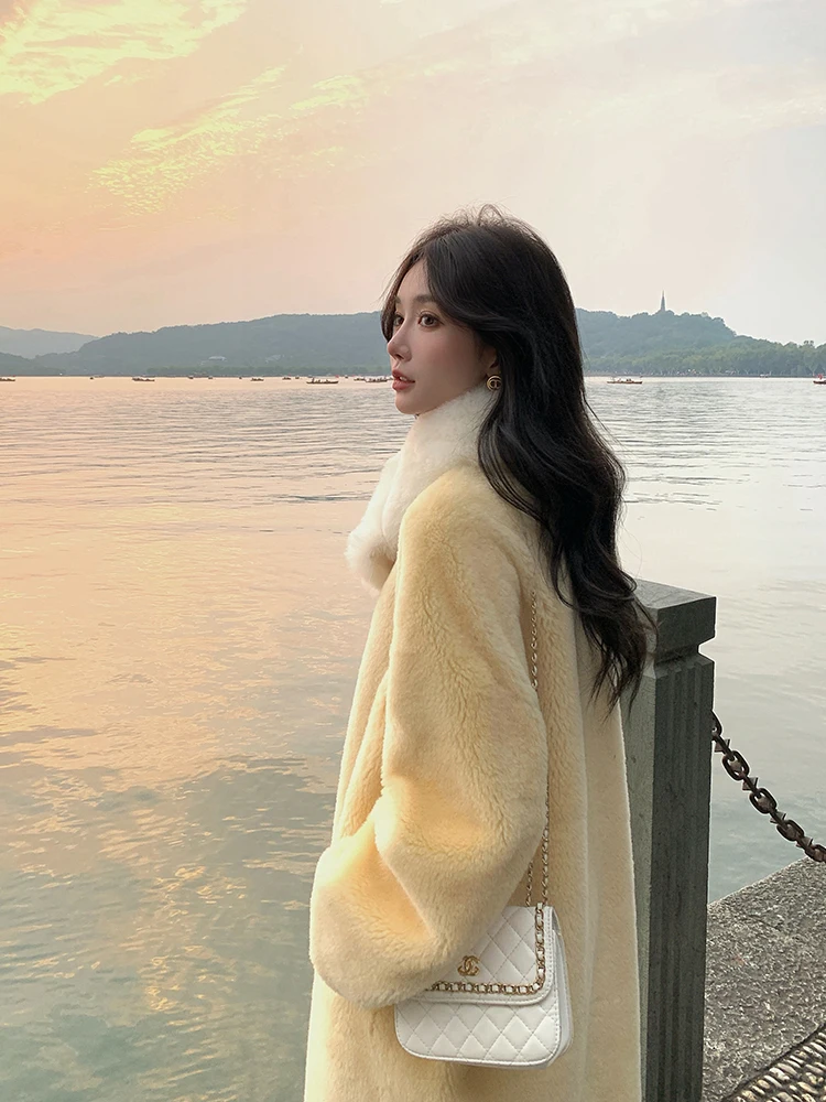 

LM Initial Snow 20, шуба с меховым воротником ягненка, женская шуба из активированной кожи и меха, бархатные ножницы средней длины, новая зима