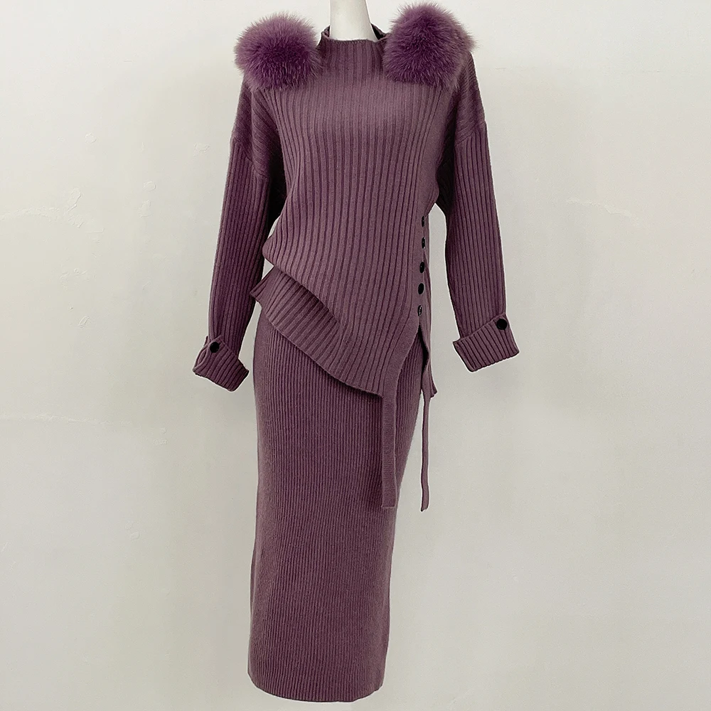 

Свитер Комплект Теплый костюм Женские зимние вязаные костюмы Комплект из двух предметов Свитер с воротником из натурального лисьего меха + Свободные брюки Офисный женский костюм