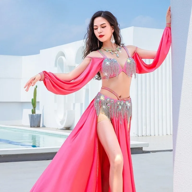 ที่กําหนดเอง Belly Dance เครื่องแต่งกายซาตินกระแสเงินสด Su Grand กระโปรงการแข่งขันทีมเสื้อผ้าแขนยาว Bra กระโปรงยาว
