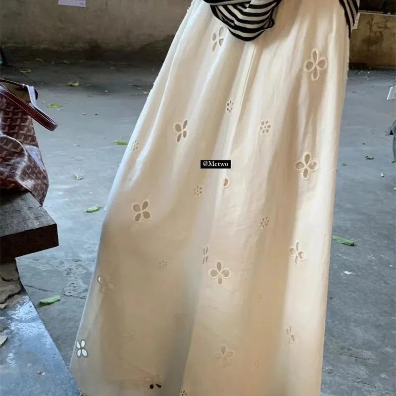 

Hollow Embroidered Beige Skirt for Women in Summer Beautiful Slim Long Skirt French A-line Skirt Small Fairy