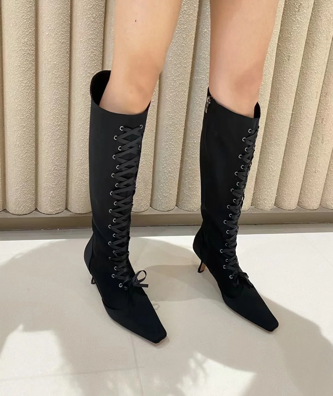 

Small Square Toe Women Knee High Boots Cross Strap Lace Up Side Zipper Black Brown Thin High Heels 2024 New Arrivals Fashion