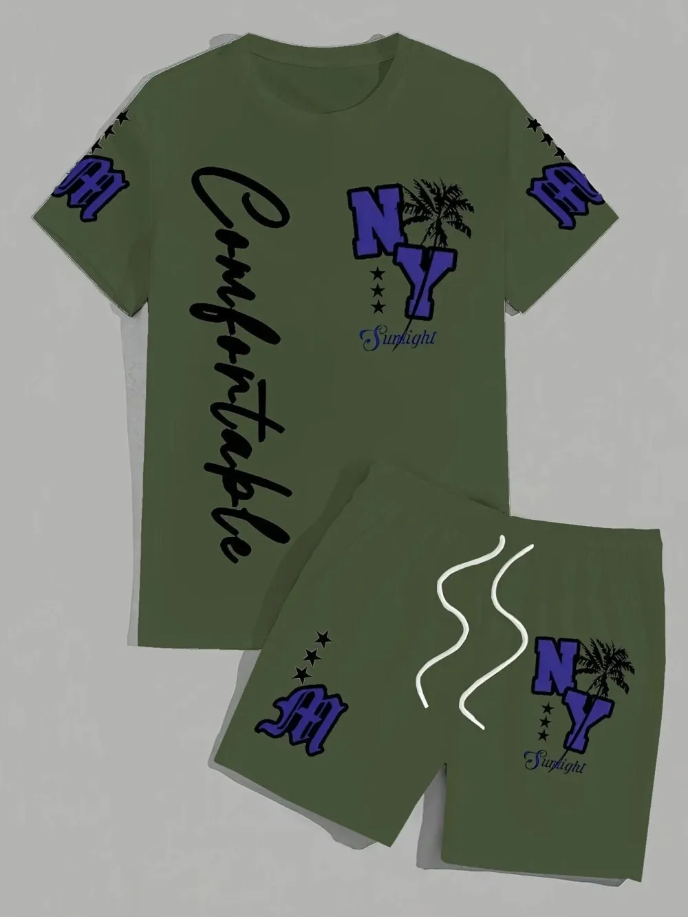 인기 폭발! 남성용 통기성 라운드넥 티셔츠 반바지 세트 (알파벳 숫자 프린트 패턴, 아웃도어 캐주얼 슈트)