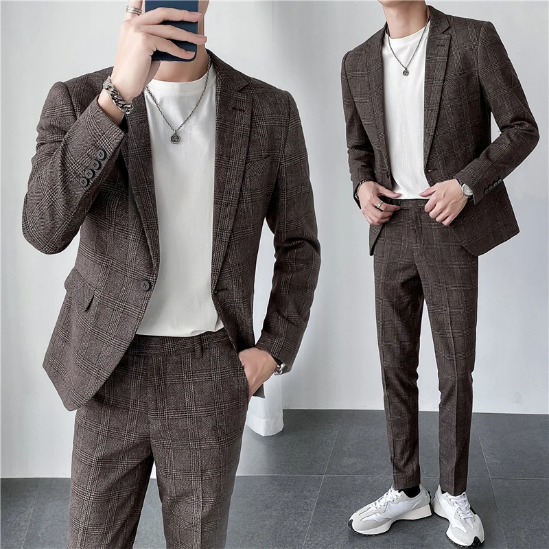 2024 Autumn and Winter British Fashion (suit + Trousers) Trend Boutique Business Casual Plaid Men's Three-piece Set  M-7XL