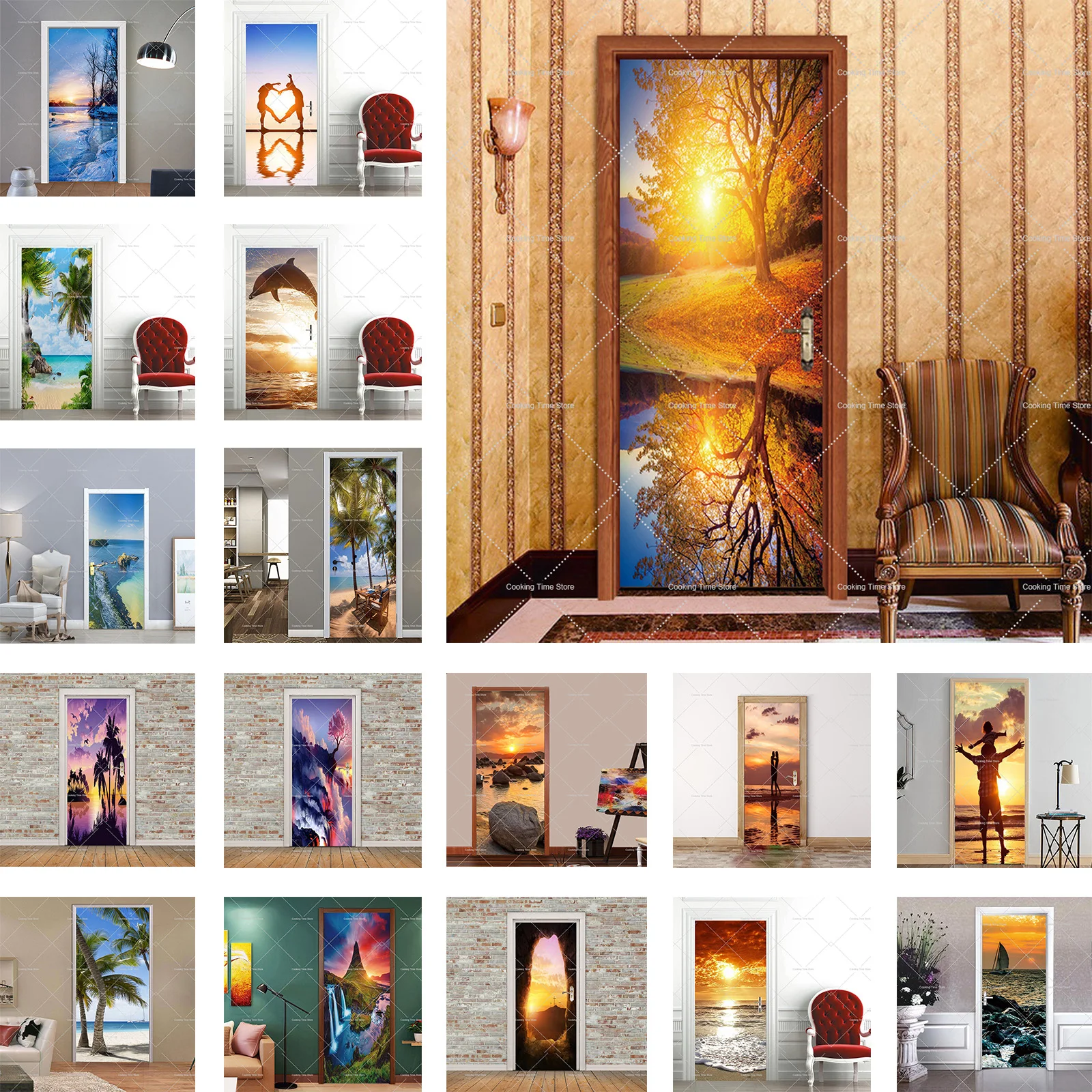 

Sunshine Series Self-Adhesive 3D Door Sticker Seaside Sunset Removable Door Mural Peel and Stick Door Wallpaper Murals Stickers