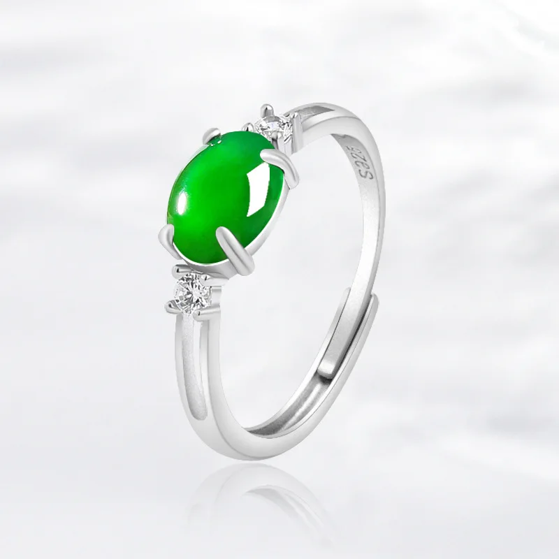 S925 Silver Natural A-grade Jadeite Yang Green Oval Egg Facet Ring Ice-type Jade Ring For Women Fashion Adjustable Jewelry