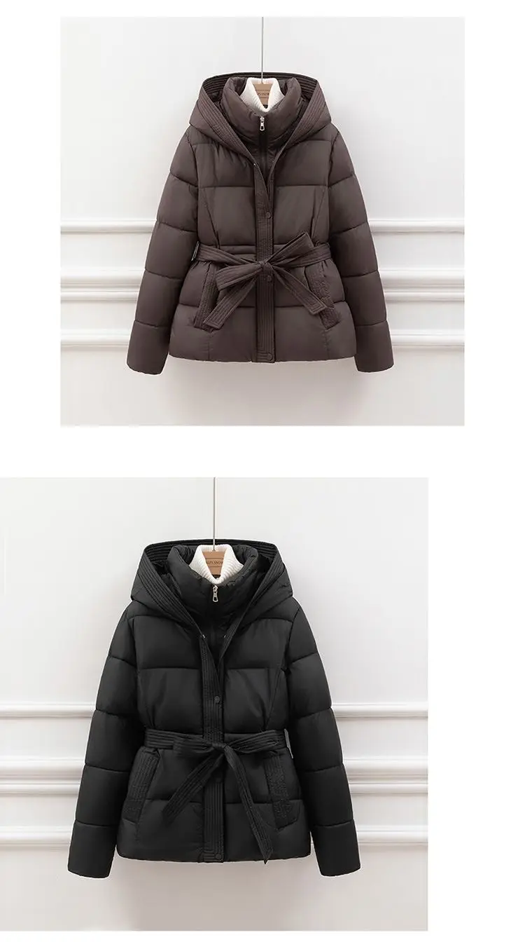 High End Down Cotton Jacket for Women Winter 2026 Fashion Slim Thicken Hooded Bread Coat Female Warm Parka Overcoat With Belt