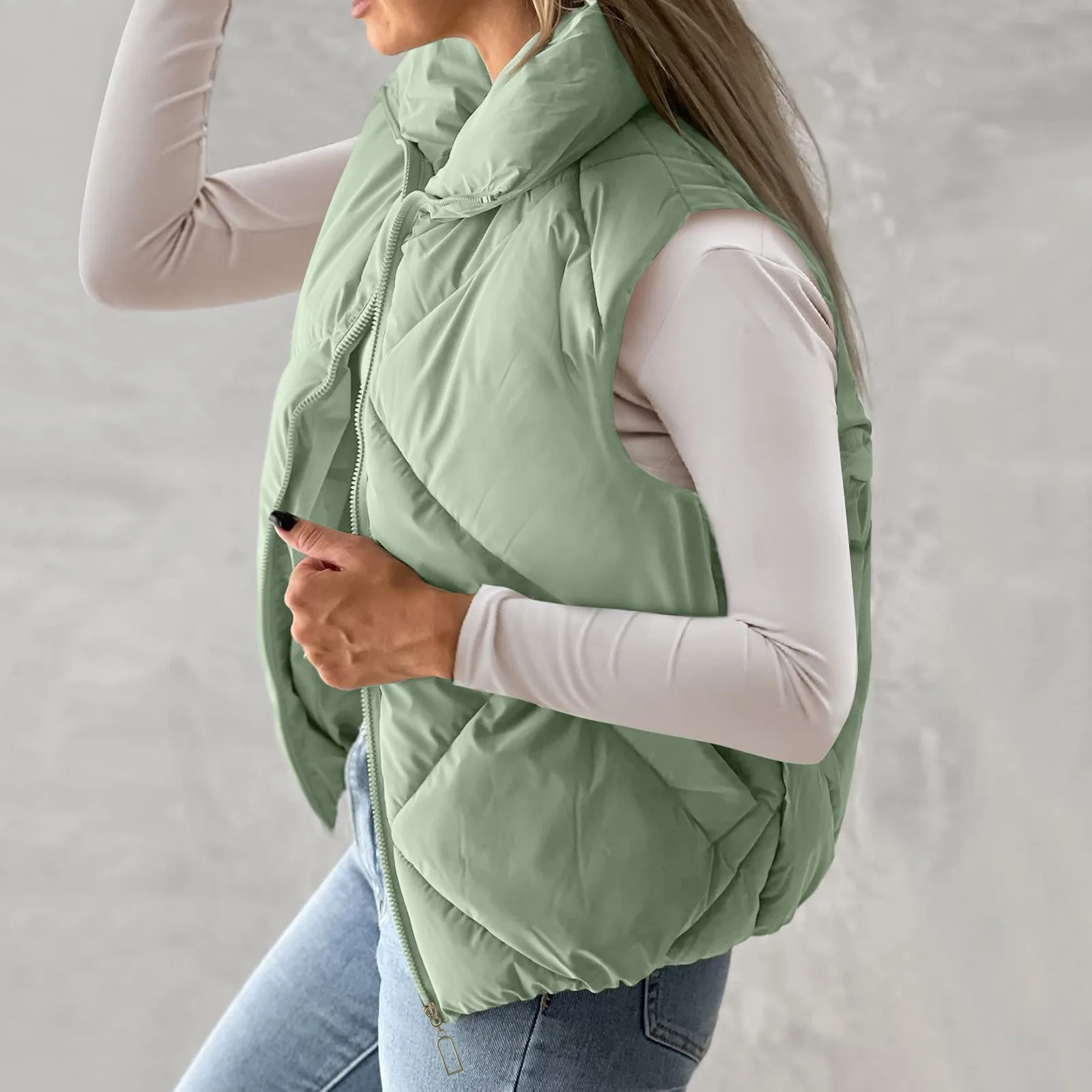 Women Zipper Long Sleeve Quilted Vest Jacket Stand Collar Short Bubble Vest Coats Solid Color Winter Warm Outwear Coats