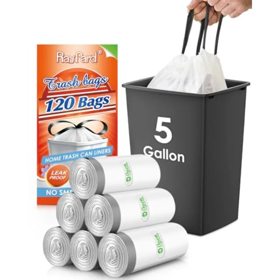 

5 Gallon 120 Counts Strong Drawstring Trash Bags Garbage Bags by, Small Plastic Trash Bags fit 18-20L Trash Can for Home Office