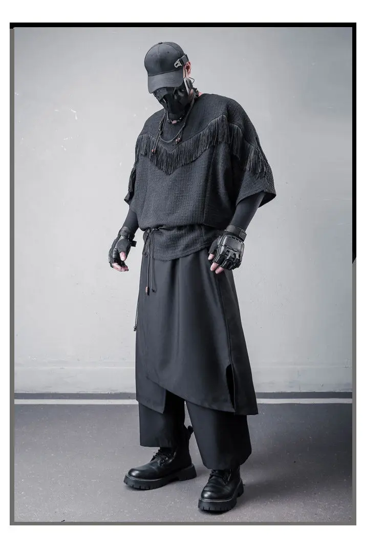 2026 Summer New Men's Dark Street Style Cool Fringe Patchwork Design Loose Casual Round Neck Batwing Sleeve T-Shirt