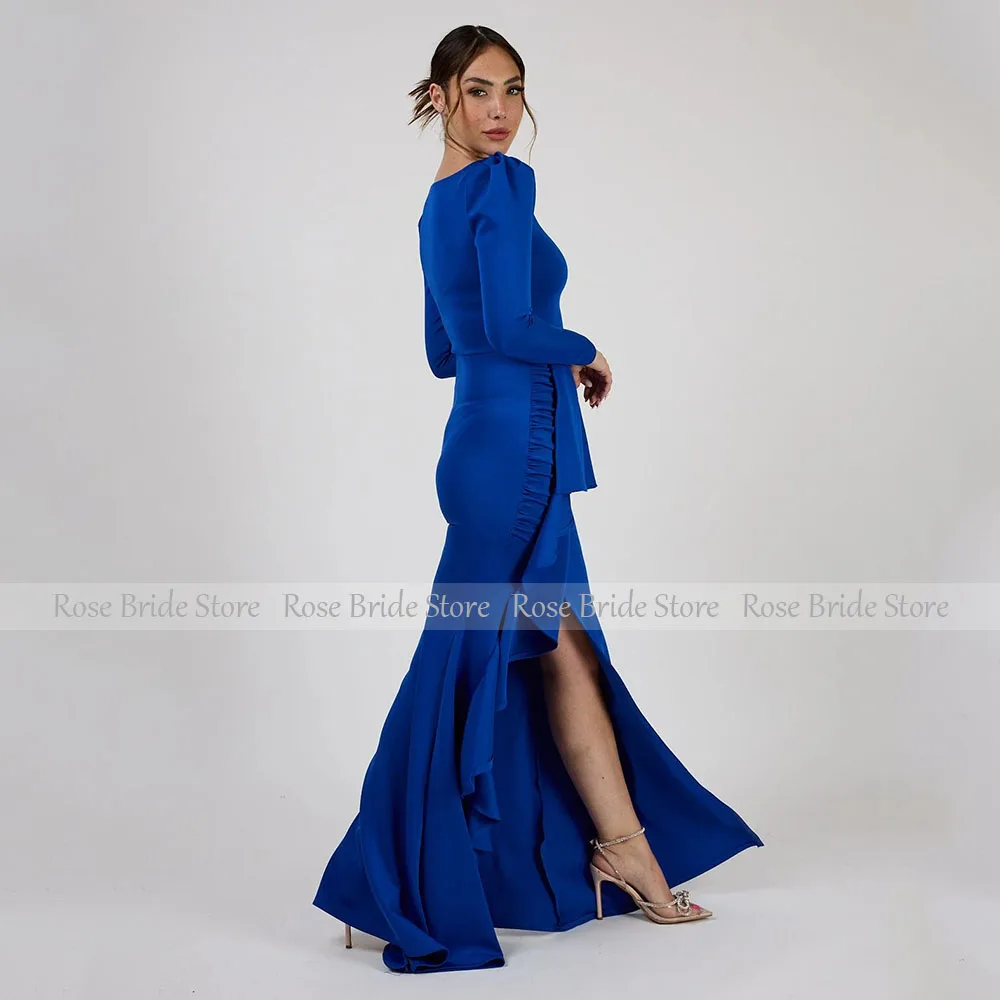 Vestidos de invitados de boda de color azul real para mujer, vestidos de noche de sirena de manga larga con escote redondo, vestido Formal elegante con abertura lateral y volantes 2025