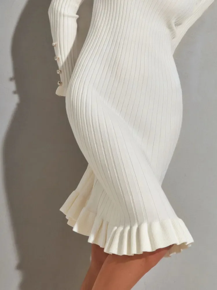 Robe moulante à manches longues en tricot côtelé pour femme – Robe pull blanche élégante, mode d'hiver, jupe sirène ajustée