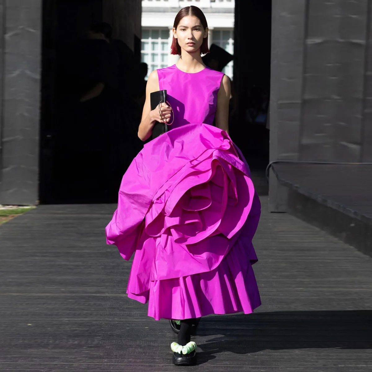 Fuchsia 3D Ruffled Flower Prom Maxi Dress Sleeveless Tiered Handmade Floral Unique Formal Occasion Dresses Celebrity Gala Gowns