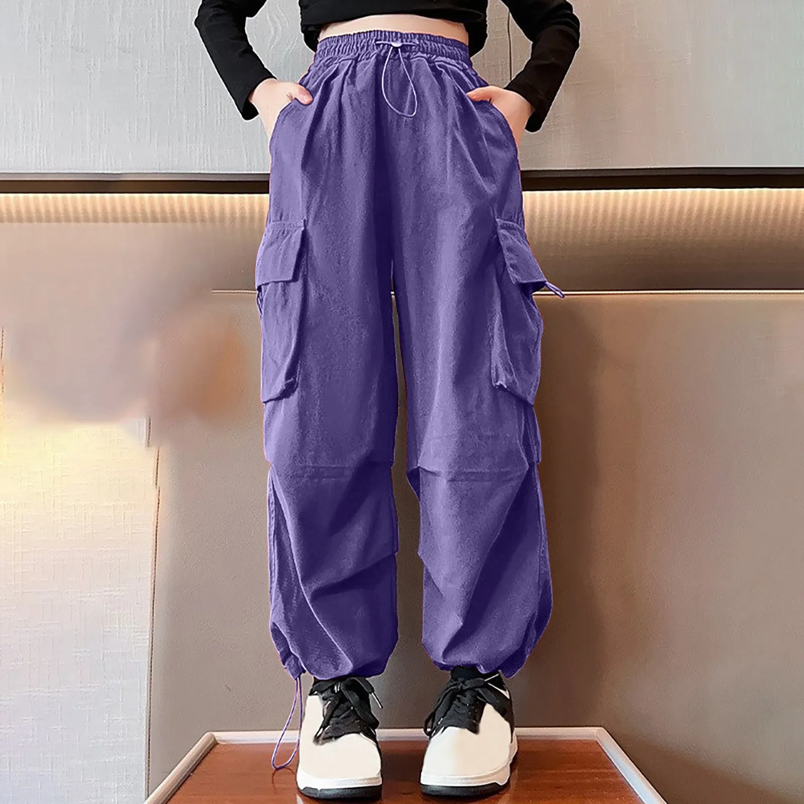 Autumn Korean Fashion Kids Girls Pants Spring Casual Vintage Cargo Pants Straight Drawstring Loose Wide Leg Baggy Trousers 2024