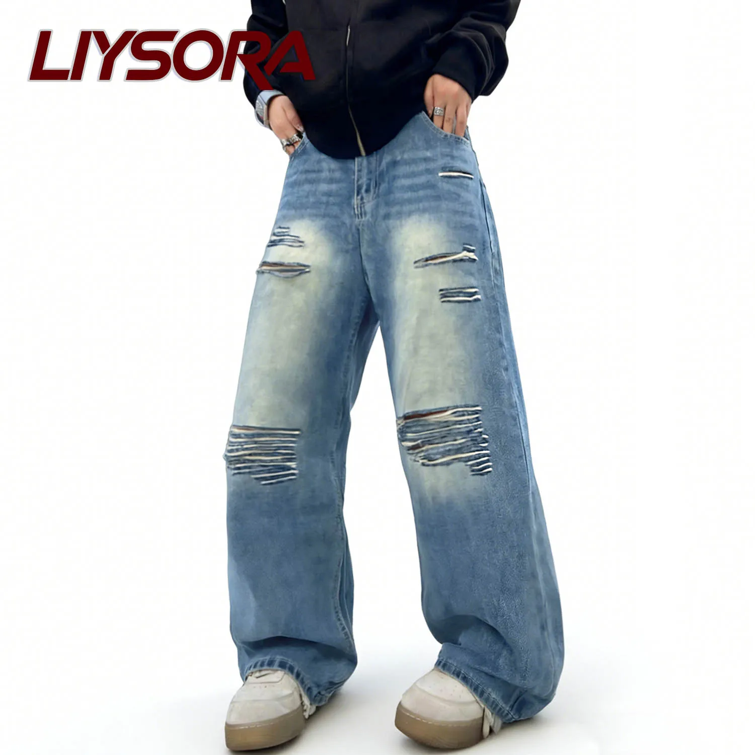 

Men's Blue Retro Baggy Ripped Jeans Daily Straight Leg Casual Denim Pants Male Street Ripped Fashion Baggy Jeans Men's Clothes