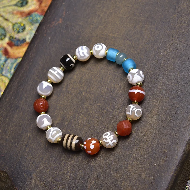 Tibetan Old Agate , Inlaid with Patinaed Beads, Multi-Treasure Wealth God Dzi Bead Bracelet,