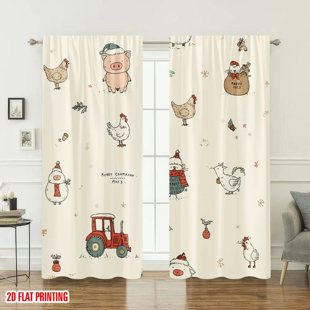2 قطعة 2D الطباعة المسطحة عيد ميلاد سعيد ستائر الحفلات لطيف عيد الميلاد الحيوانات جرار الرقمية المطبوعة البوليستر الستائر عيد ميلاد #6