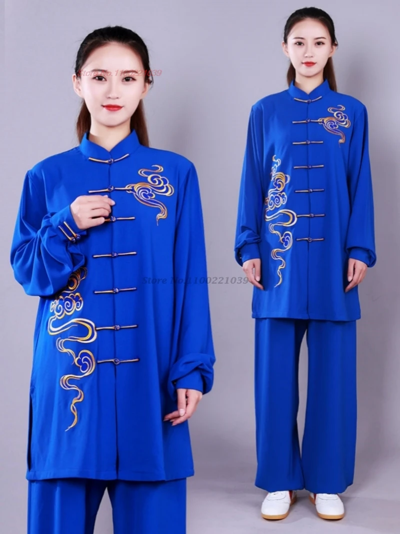 2024 chinese tai chi uniform clouds embroidery wushu taiji morning exercise team tai chi kung fu martial stage performance set