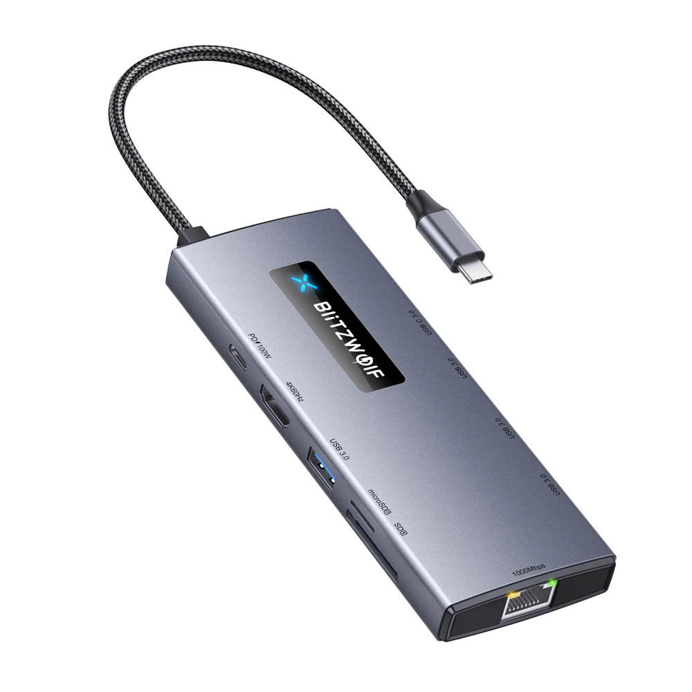 Imagem -05 - Blitzwolf-bw-novo Hub Th8 10-em1 Tipo-c pd Usb 3.0 Tipo-c 100w 4k @ 60hz Slot para Cartões sd e tf Rj45