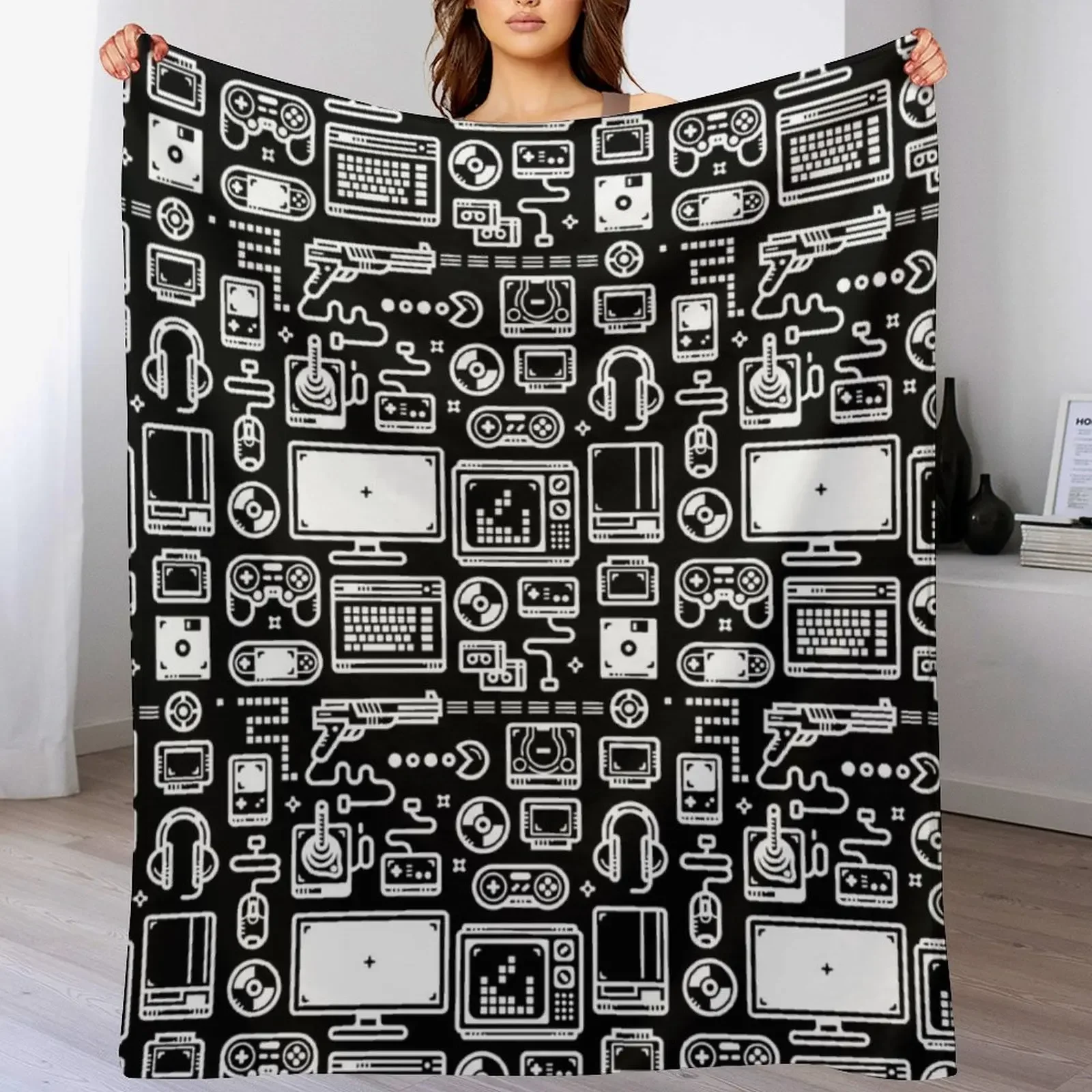 Retro Gamer Video Game Consoles, PC's, Controllers, Joysticks and Gamepads Throw Blanket Flannel Fleece Soft Warm Throw Blanket