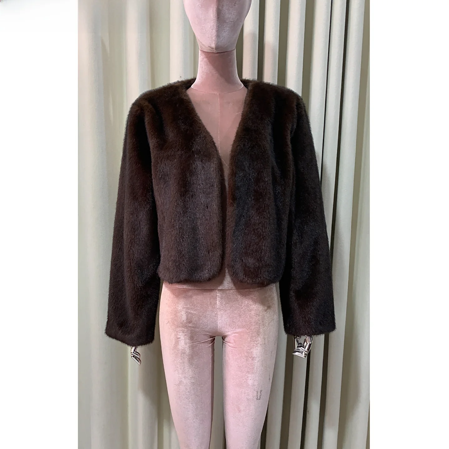 

Nerazzurri Brown Fur Coat Women ort Sve Long Sve V-Ne Eco-Friendly Faux Fur Open Cardigan Casual Sle Pure Color