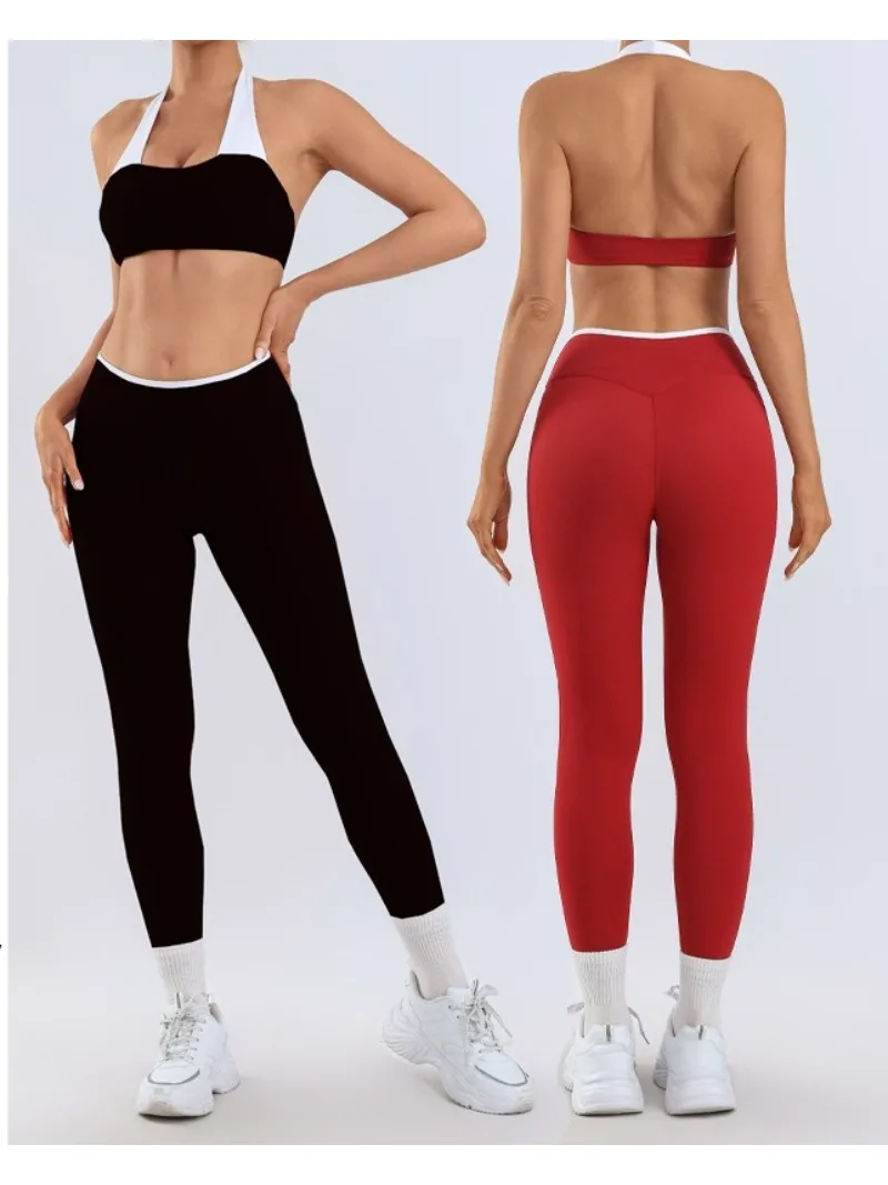 Fashionable and Sexy Nude Contrasting Sports Bra Set, Quick Drying High Waisted Cropped Pants Sports Set 2026