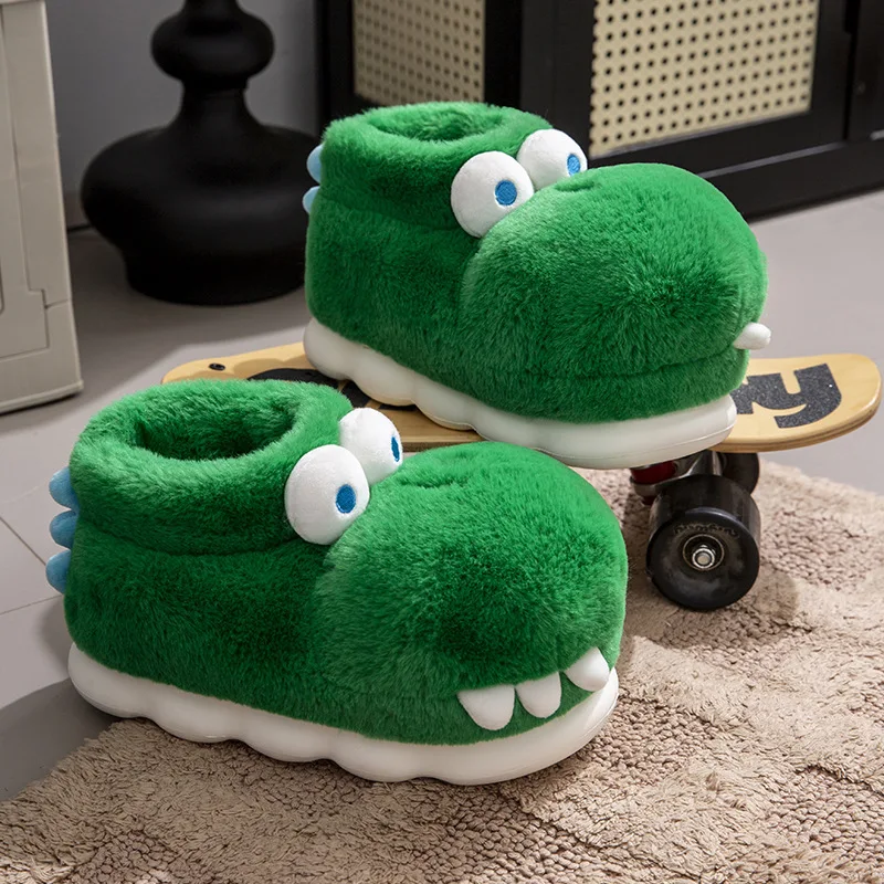 Crocodile Plush Slippers 2025 Autumn Winter New Men's Home Slippers Warm Fleece Lined Indoor Outdoor Cotton Shoes