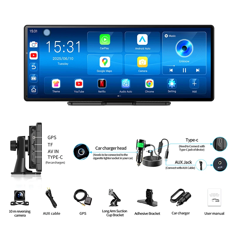 Imagebon 11,3 Zoll Android 14 Rückspiegelkamera 8-Kern 4+64G CarPlay & Android Auto Autoradio-Bildschirm mit Google Play YouTube GPS-Navigation KI-Sprachsteuerung DVR