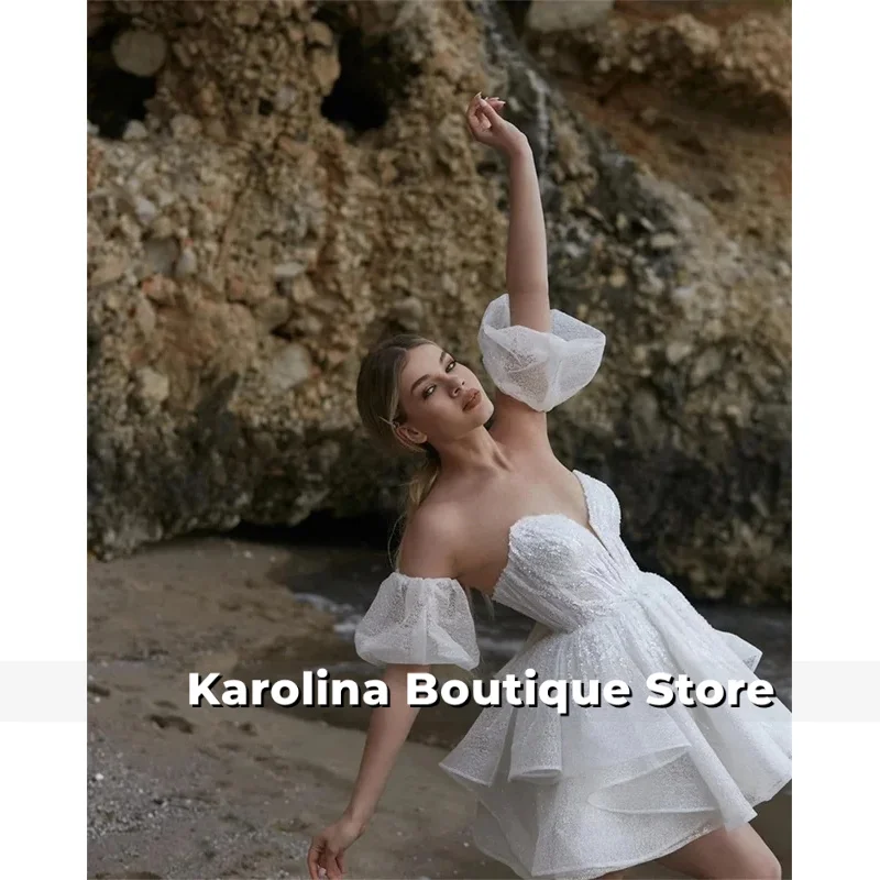 Maßgeschneidertes weißes Abendkleid mit Herzausschnitt und Glitzer, A-Linie, Mini-Kleid, abnehmbare Ärmel, formeller Abend 2025