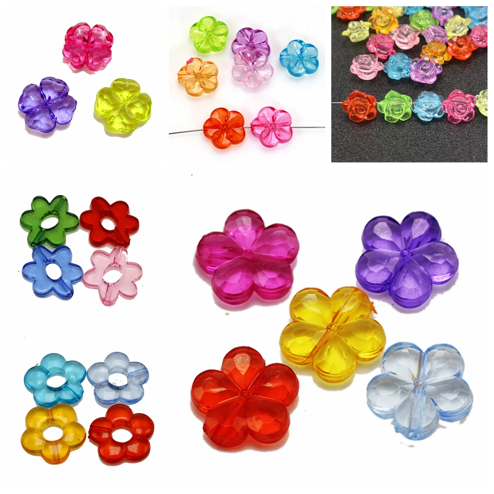 Craft DIY Mixed Colour Transparent Acrylic Charm Beads Various Flower Shape