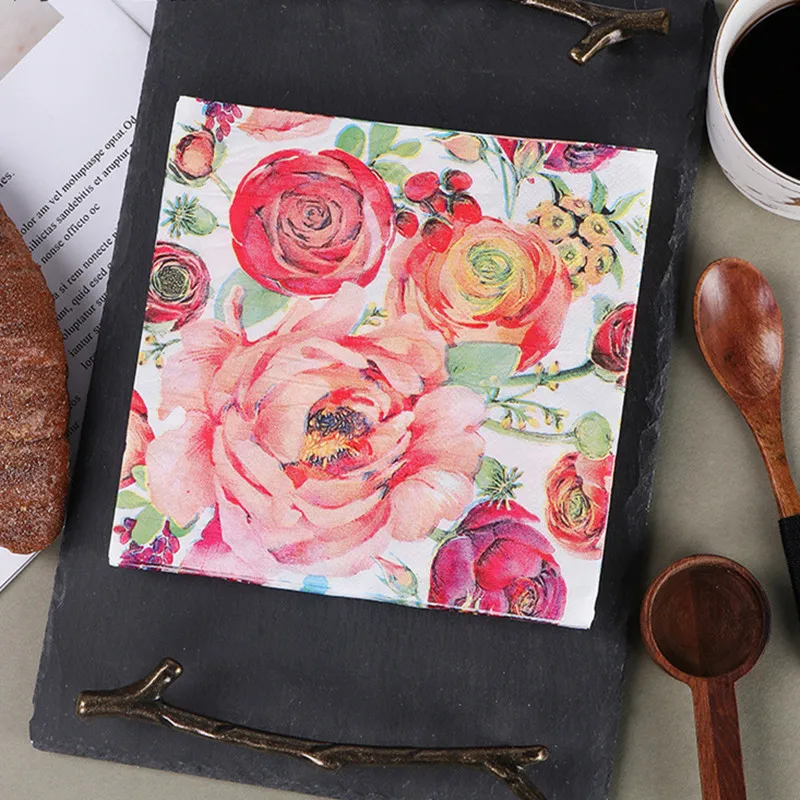 20pcs/bag Colorful Vintage Rose Flower Table Paper Napkins Tissue Home Birthday Wedding Party Decor