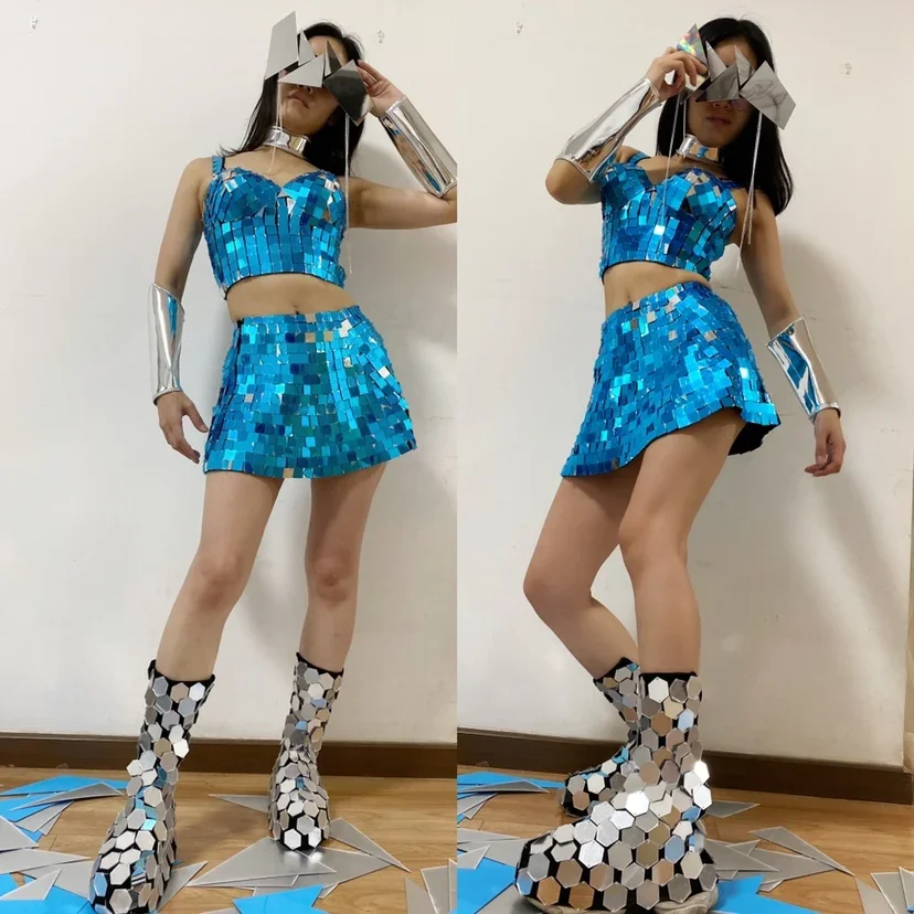 

Silver Mirror Sequins Gogo Dance Clothing Tops Skirt Nightclub Bar Jazz Dance Performance Costume Party Festival Outfit