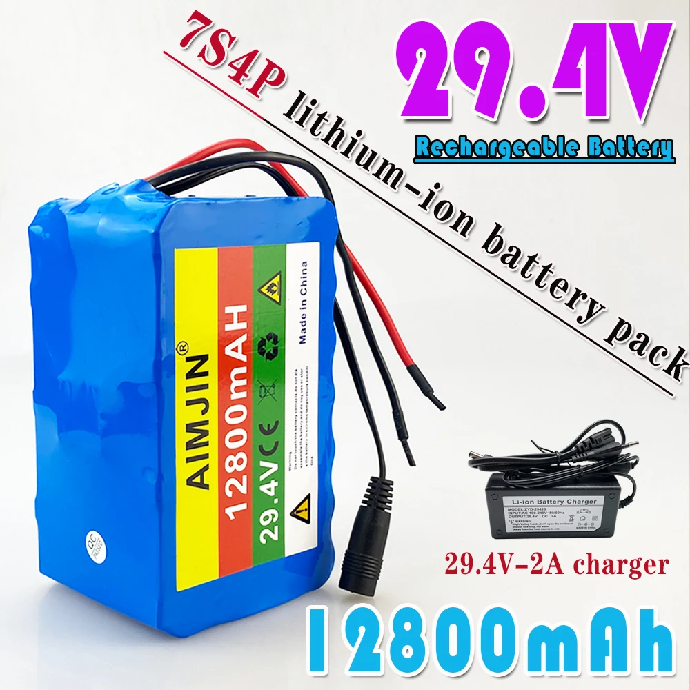 

29.4V 12.8ah 18650 Lithium Ion Battery Pack 7S4P Large Capacity Built-in BMS with Charger