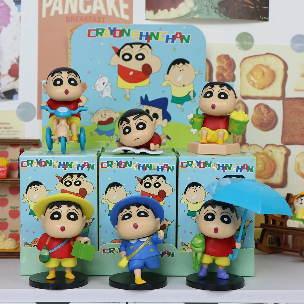 6pcs/set Anime Crayon Shin-chan kawaii Q Version Cycling posture Action Figure PVC Model Statue Toys Desk Decor Gifts boxed