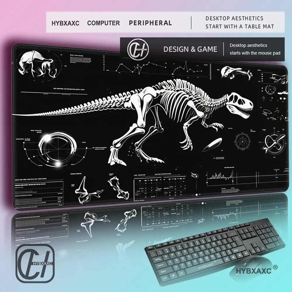 

HYBXAXC XXL Dinosaur Tech Gaming Desk Mat Black White Skeleton Non-Slip Rubber Extended Pad for PC Office Gamers
