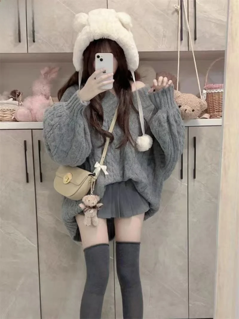 

Корейский свободный свитер с v-образным вырезом, витой свитер, юбка с высокой талией, осенний комплект из двух предметов, модная повседневная одежда для женщин